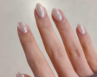 White Chrome Press On Nails: Handmade Faux Acrylic Gel Nails