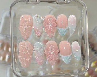3D Flower Press On Nails: Pink Faux Acrylic Gel Nails