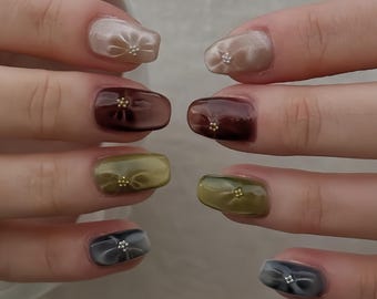 flower cat eye Press On Nails: Handmade custom Nails