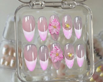 3D Pink Flower Press On Nails: Hand-Painted Gel Faux Nails
