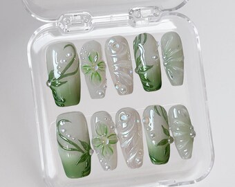 Chrome Green Flower Press On Nails: Handmade Faux Acrylic Gel Nails