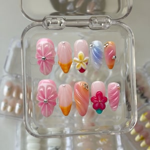 3d flower hand painted nails/ custom press on nails/ hand made Press on Nails/Faux Acrylic Nails/ Gel Nails/Press on Nails