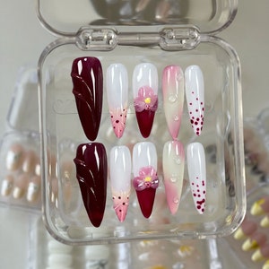 3d flower hand painted nails/ custom press on nails/ hand made Press on Nails/Faux Acrylic Nails/ Gel Nails/Press on Nails