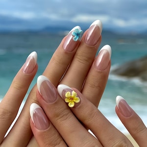 3D Flower French Press On Nails: Handmade Faux Acrylic Gel Nails