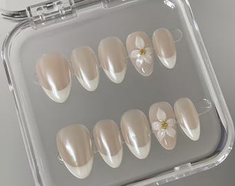 Chrome French 3D Flower Press On Nails: Handmade Faux Acrylic Gel Nails