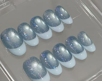 Unghie finte a forma di occhio di gatto con glitter: unghie finte in gel acrilico fatte a mano