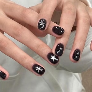 black silver star nails/ custom press on nails/ hand made Press on Nails/Faux Acrylic Nails/ Gel Nails/Press on Nails