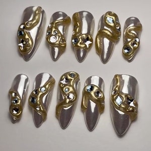 silver chrome 3d gold nail/ custom press on nails/ hand made Press on Nails/Faux Acrylic Nails/ Gel Nails/Press on Nails