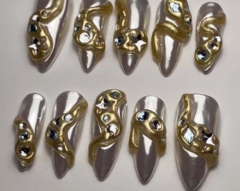 Chrome Press On Nails: 3D Gold Design, Handmade Faux Acrylic Nails
