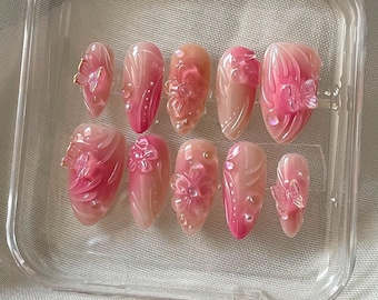 3D Pink Flower Press On Nails: Hand-Painted Faux Acrylic Gel Nails
