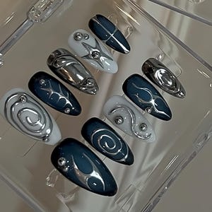 3D Cyber Chrome Press On Nails: Y2K Faux Acrylic Gel Nails