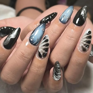Y2K Black Chrome Press On Nails: Handmade Faux Acrylic Gel Nails