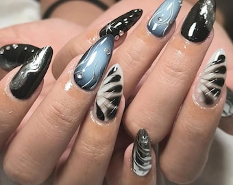 Y2K Black Chrome Press On Nails: Handgemachte künstliche Acrylgelnägel