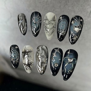 Clou noir argenté chromé y2k/presse personnalisée sur les ongles/presse faite à la main sur les ongles/faux ongles en acrylique/ongles en gel/presse sur les ongles