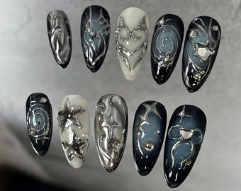 y2k black silver chrome nail/ custom press on nails/ hand made Press on Nails/Faux Acrylic Nails/ Gel Nails/Press on Nails