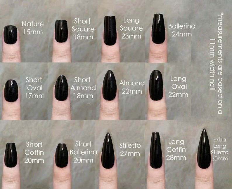 May include: A display of black press-on nails in various shapes and lengths, including Nature (15mm), Short Square (18mm), Long Square (23mm), Ballerina (24mm), Short Oval (17mm), Short Almond (18mm), Almond (22mm), Long Oval (22mm), Short Coffin (20mm), Short Ballerina (20mm), Stiletto (27mm), Long Coffin (28mm), and Extra Long Stiletto (30mm).