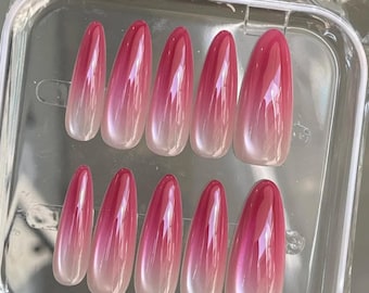 Unhas de gel estilo gatinho rosa ombré: unhas de gel acrílico artificiais feitas à mão