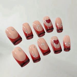Ombre French Star Press On Nails: Red Black Faux Acrylic Gel Nails