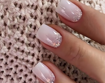 Milky White Glitter Press On Nails: Y2K Faux Acrylic, Hand Painted