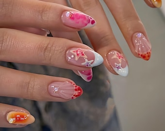 3D Ocean Star Press On Nails: Summer Gel Faux Acrylic Nails
