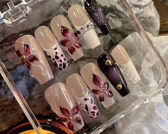 3D Flower Press On Nails: Handmade French Gel Acrylic Nails