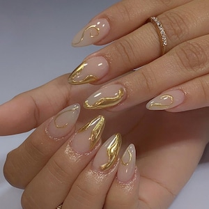 Gold Liner Chrome Press On Nails: Y2K Hand-Painted Faux Nails
