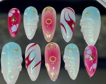 Y2K Press On Nails: Handbemalte Freestyle Faux Acrylgelnägel