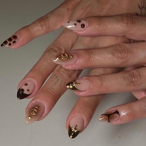 golden brown french nail/ custom press on nails/ hand made Press on Nails/Faux Acrylic Nails/ Gel Nails/Press on Nails