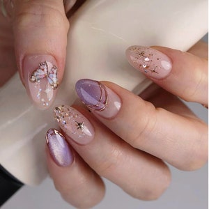Purple Glitter Butterfly Press On Nails: Handmade Faux Acrylic Gel Nails