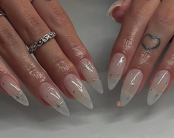 Milky White Star Press On Nails: Handmade Faux Acrylic Gel Nails