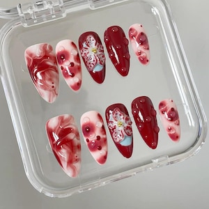 3d flower hand painted nails/ custom press on nails/ hand made Press on Nails/Faux Acrylic Nails/ Gel Nails/Press on Nails