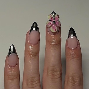 3D Flower Press On Nails: Silver Chrome French Tip, Handmade Faux Nails