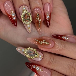 Golden Red Angel Press On Nails: Handmade Faux Acrylic Gel Nails