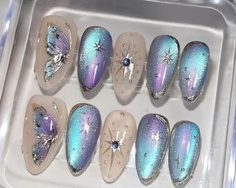 glitter butterfly star Press On Nails: Handmade custom Nails