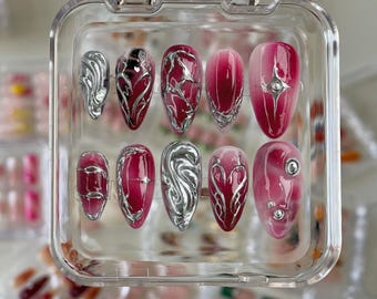 3D Silver Chrome Cyber Press On Nails: Y2K Faux Acrylic Gel Nails