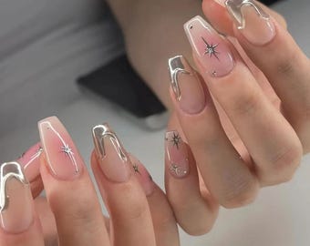 Faux Ongles Press On Effet Chrome - Argenté & Rose, Style Y2k, Longueur Stiletto