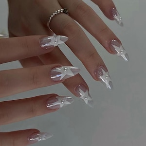 pearl white star nails/ custom press on nails/ hand made Press on Nails/Faux Acrylic Nails/ Gel Nails/Press on Nails