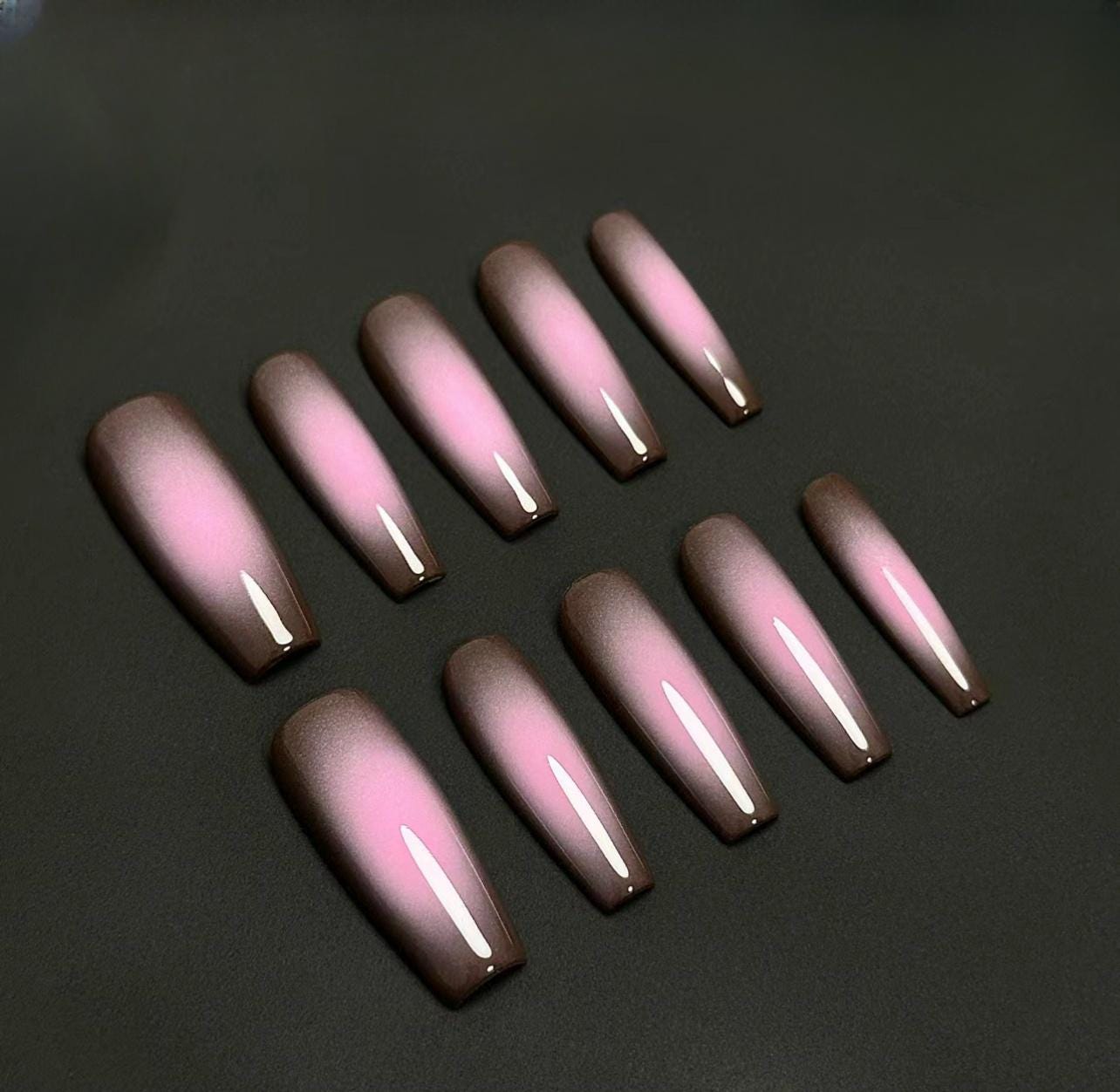 Brown Pink Aurora Press On Nails: Handmade Faux Acrylic Gel Nails