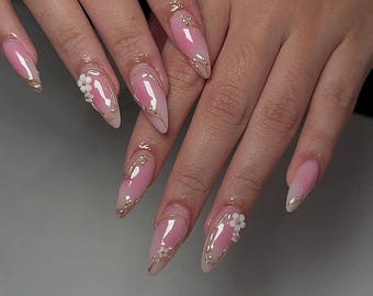 Ombre Pink Flower Press On Nails: Handmade Faux Acrylic Gel Nails