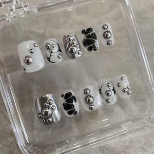 silver chrome 3d nails/ custom press on nails/ hand made Press on Nails/Faux Acrylic Nails/ Gel Nails/Press on Nails
