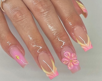 3D Flower French Press On Nails: Handmade Faux Acrylic Gel Nails