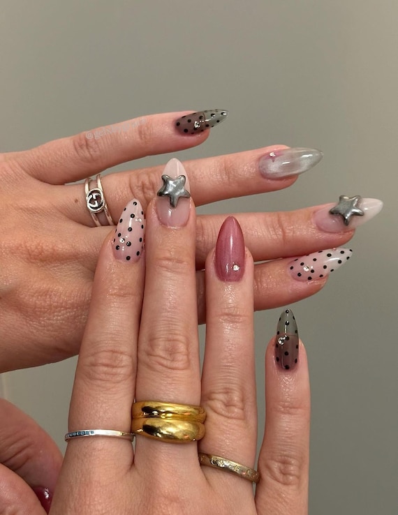 Silver Chrome star Press On Nails: Handmade Nails