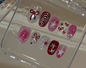 Silver Star Bowknot Press On Nails: Handmade Faux Acrylic Gel Nails