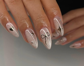 Unhas postiças estilo olho de gato com laço: unhas de gel acrílico artificiais feitas à mão