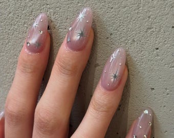 Pink cat eye silver star Press On Nails: Handmade Custom Nails