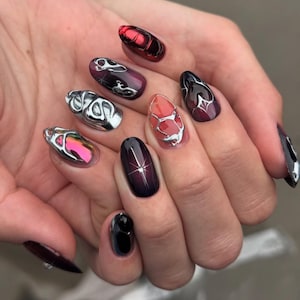 y2k red silver chrome nails/ custom press on nails/ hand made Press on Nails/Faux Acrylic Nails/ Gel Nails/Press on Nails