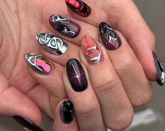 Y2K Red Chrome Press On Nails: Handmade Faux Acrylic Gel Nails
