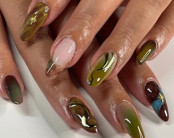 Green Brown Marble Press On Nails: Custom Faux Acrylic Gel Nails