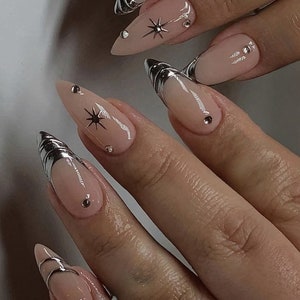 chrome star french nail/ custom press on nails/ hand made Press on Nails/Faux Acrylic Nails/ Gel Nails/Press on Nails