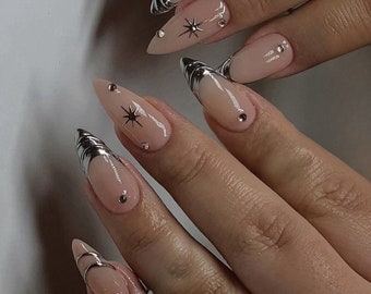 Chrome Star French Press On Nails: Handmade Faux Acrylic Gel Nails